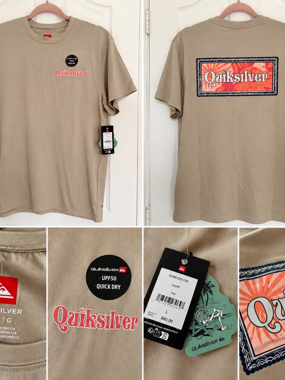 Quiksilver Tan Short-Sleeve Tee with Coral Logo Panels
